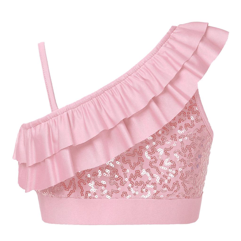 Girls Asymmetrical Shoulder Sequin Crop Top Ruffle Detail Elastic Band Dance Performance Outfit