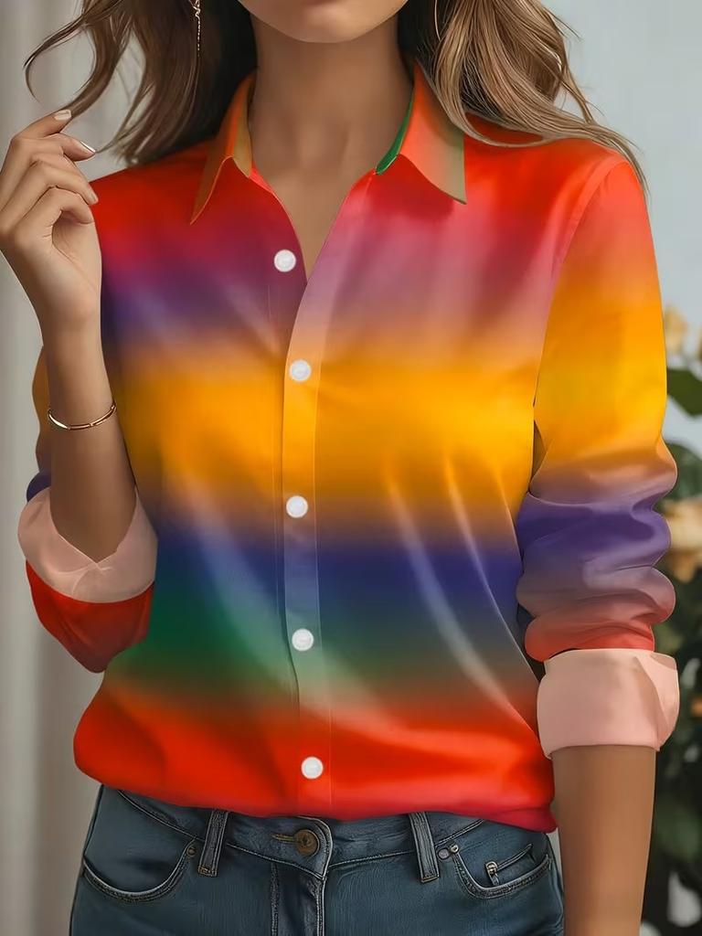 2026 Women's Shirts Gradient Graphics Print Blouse Lapel Neck Blouse Women's Long Sleeve Shirts Womens Clothes Female Clothing