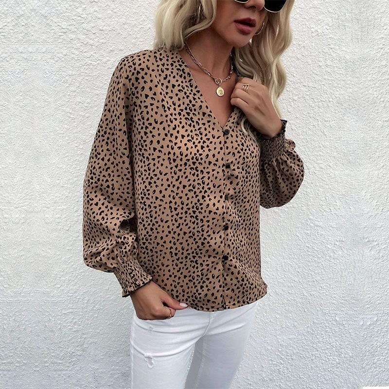 

Винтажный топ с V-образным вырезом и длинными рукавами, леопардовая рубашка, ретро топы с V-образным вырезом и длинными рукавами Khaki XL