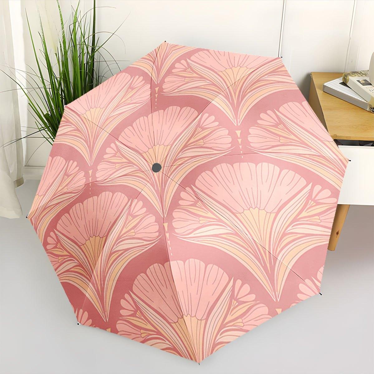 s Pink & Golden Art Deco Open/Close Folding Umbrella - 8-Rib Compact Travel Umbrella with Maroon-Pink-Golden Leaf Pattern, Se