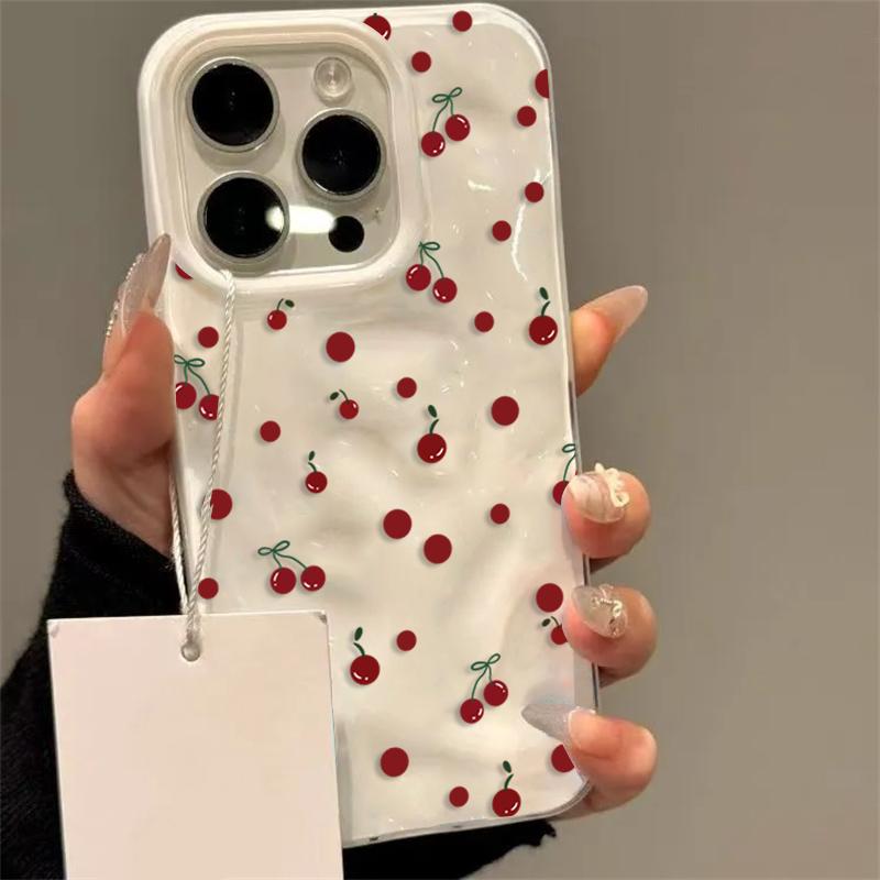 Phone Case For IPhone 16 17 Air 15 14 13 Plus 12 11 Pro Max Cartoon Cherry Floral Soft Protective Cover Fashion Ins Cute Funda