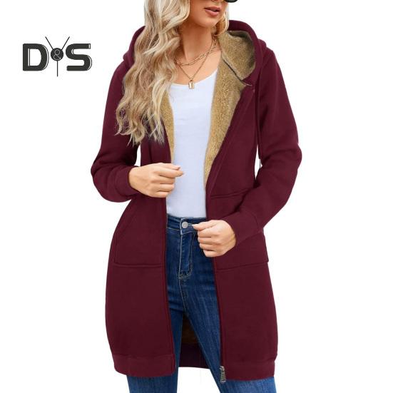 Damen Winter Hoodie Verdickte, mit Plüsch gefütterte, langärmlige Oberbekleidung Mittellanger, einfarbiger Kordelzug-Reißverschlussmantel für den täglichen Arbeitsweg