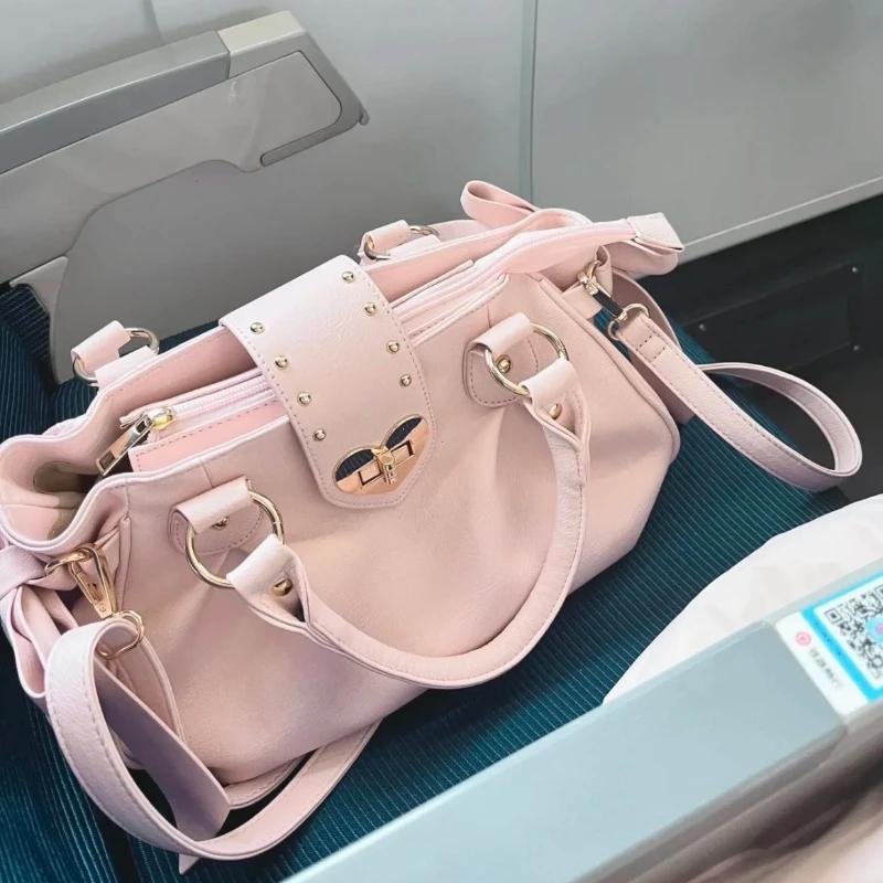 Sweet Bow Lolita Pink Women Handbag Harajuku Japanese Style Love Heart Soft Crossbody Bag Kawaii Large Capacity Shoulder Bag
