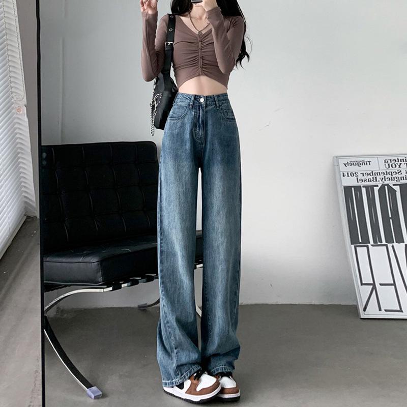 Korean-Style High-Waisted Wide-Leg Jeans for Women - Autumn/Winter, Loose Fit, Plus Size, Floor-Length Trousers