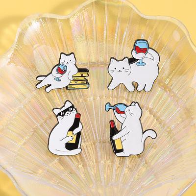 Wine Glass Cat Enamel Pins Custom Cat Drinking Brooches Lapel Badges Clothes Animal Jewelry Gift for Kids Friends