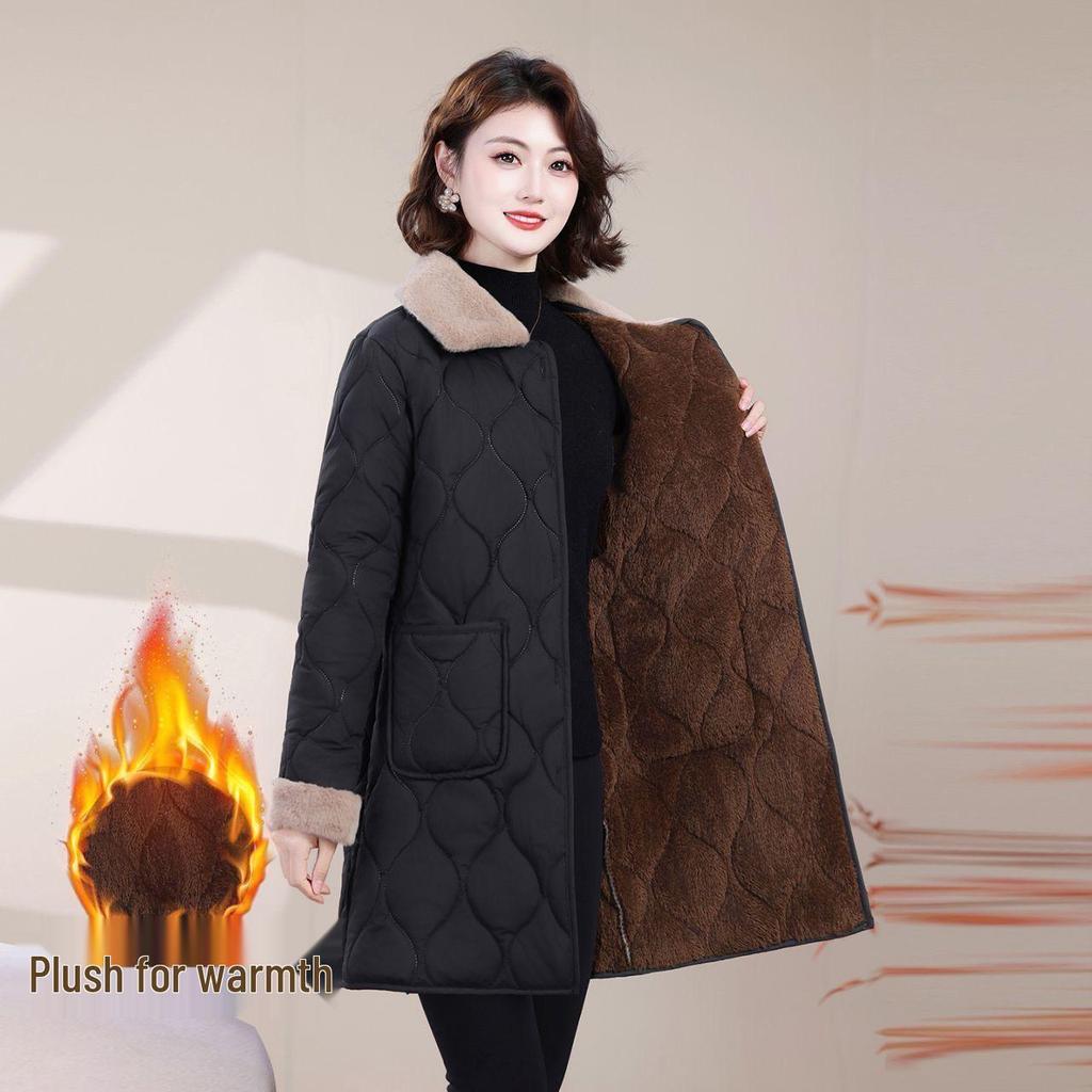 Stylish Mid-Length Winter Cotton Coat for Middle-Aged and Elderly Women with Plush Lining