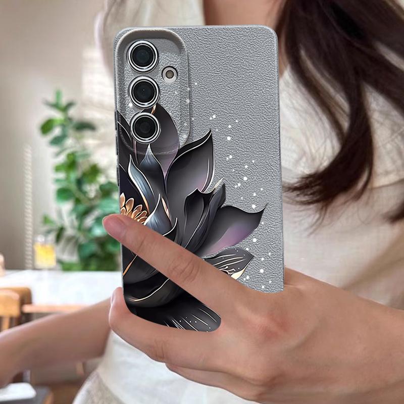 Black Lotus Pattern Case For Samsung Galaxy S24 S25 Ultra Edge S23 Plus S22 S21 FE A34 A54 A15 A35 A55 A16 A26 A36 A56 5G Capa
