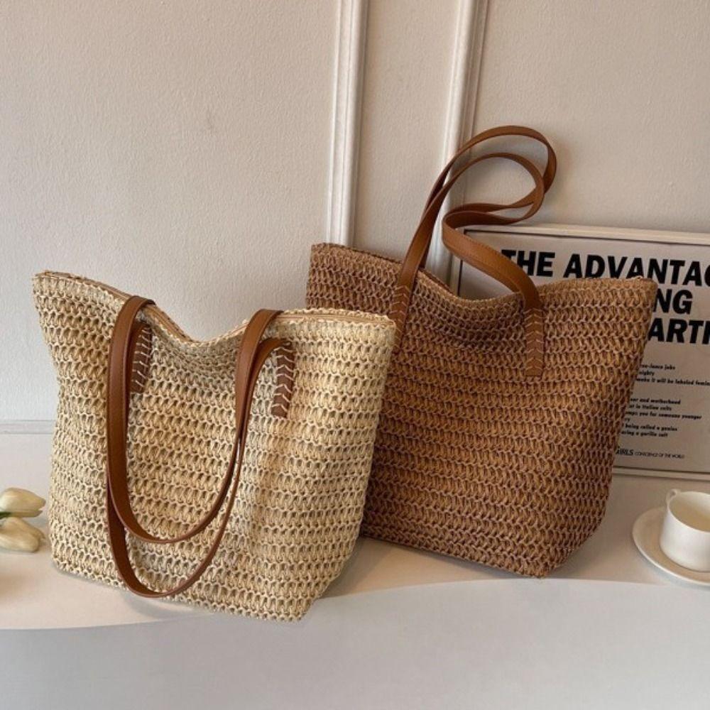 Bohemian Style Zipper Beach Bag Solid Color Hollow Tote Bag Trendy Weave Straw Bag  Spring