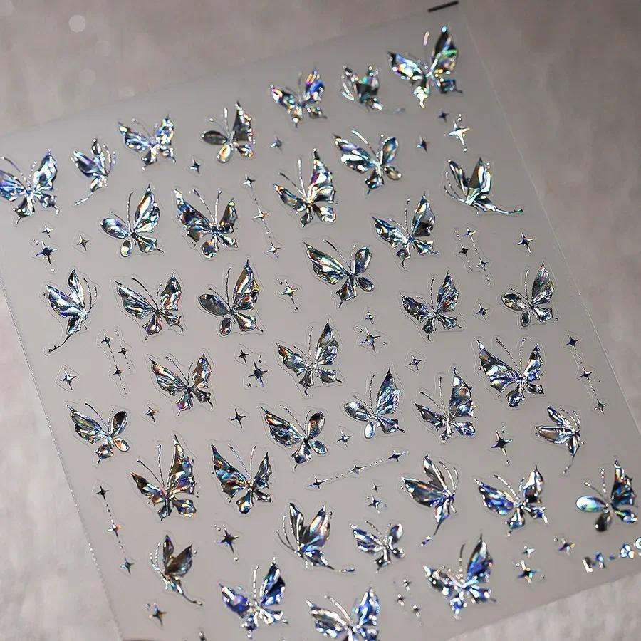 Shiny Jelly Butterfly Charming Golden Gradient Bowknot 5D Self Adhesive Nail Art Sticker Flower Petal Rhinestone Manicure Decals