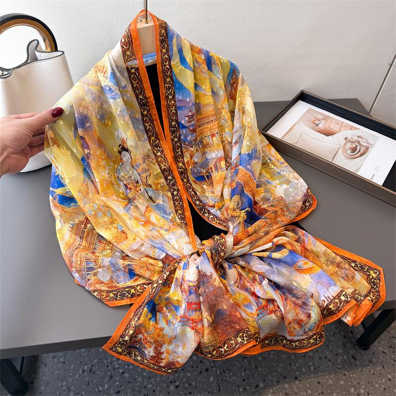 Camel Bell Dream Print Cut Flower Spring And Summer Silk Scarf Large Long Scarf High Sense Travel Shawl Sun Protection Women'S Scarf Headscarf