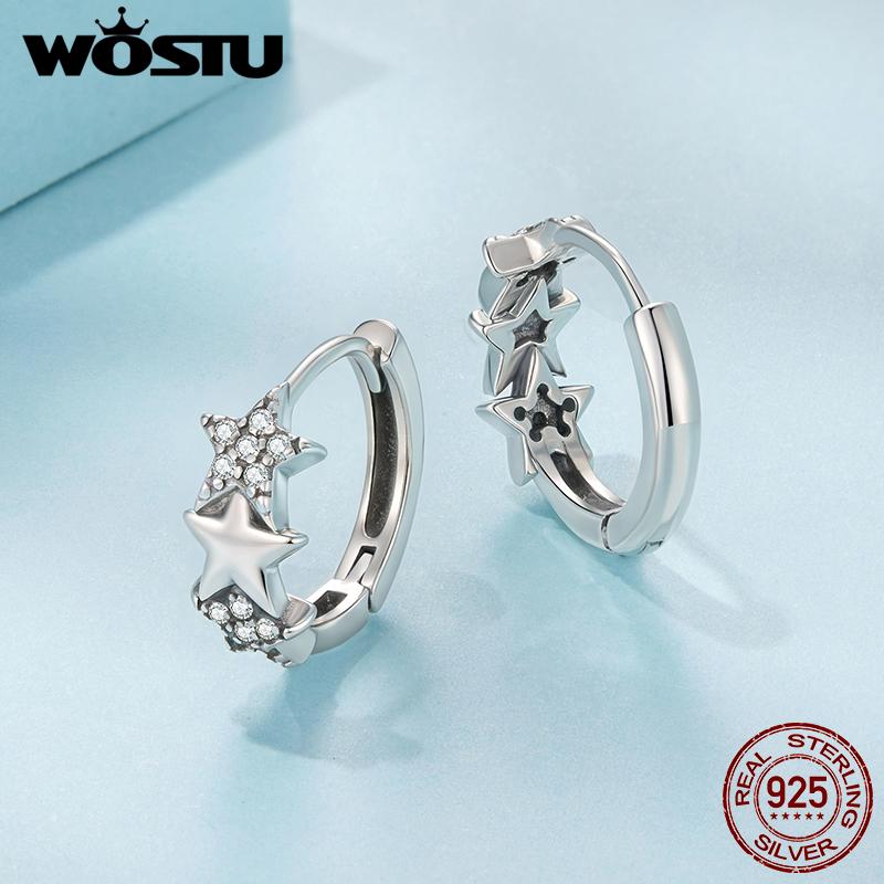 WOSTU 925 Sterling Silver Stackable Star Huggies Earrings Lady Minimalist Starry Ear Hoops Jewelry Gift for Party Date Night