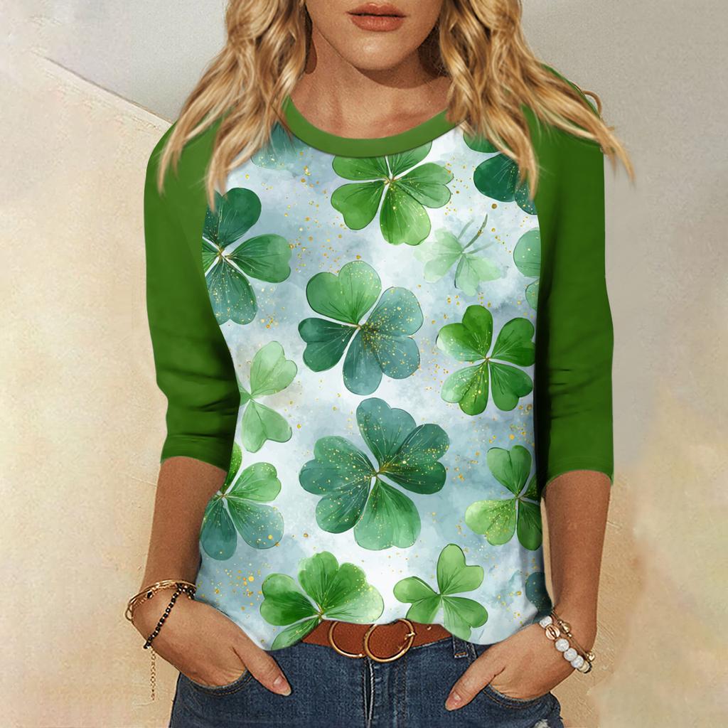Women's St. Patrick's Day Print Round Neck Three-Quarter Sleeve Top