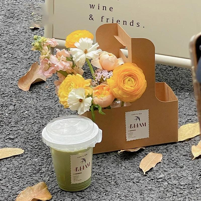 10 db Hordozható Virágos Ajándéktáska Kraft Papír Tartó Kávé Virág Torta Desszert Csomagoló Doboz Fotó Köszönetajándék Italhordozó Fogantyúval