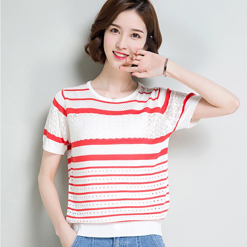 Summer Women's Ice Silk Striped Short Sleeved T-shirt Loose Base Shirt Knitted Versatile Sun Protection Top