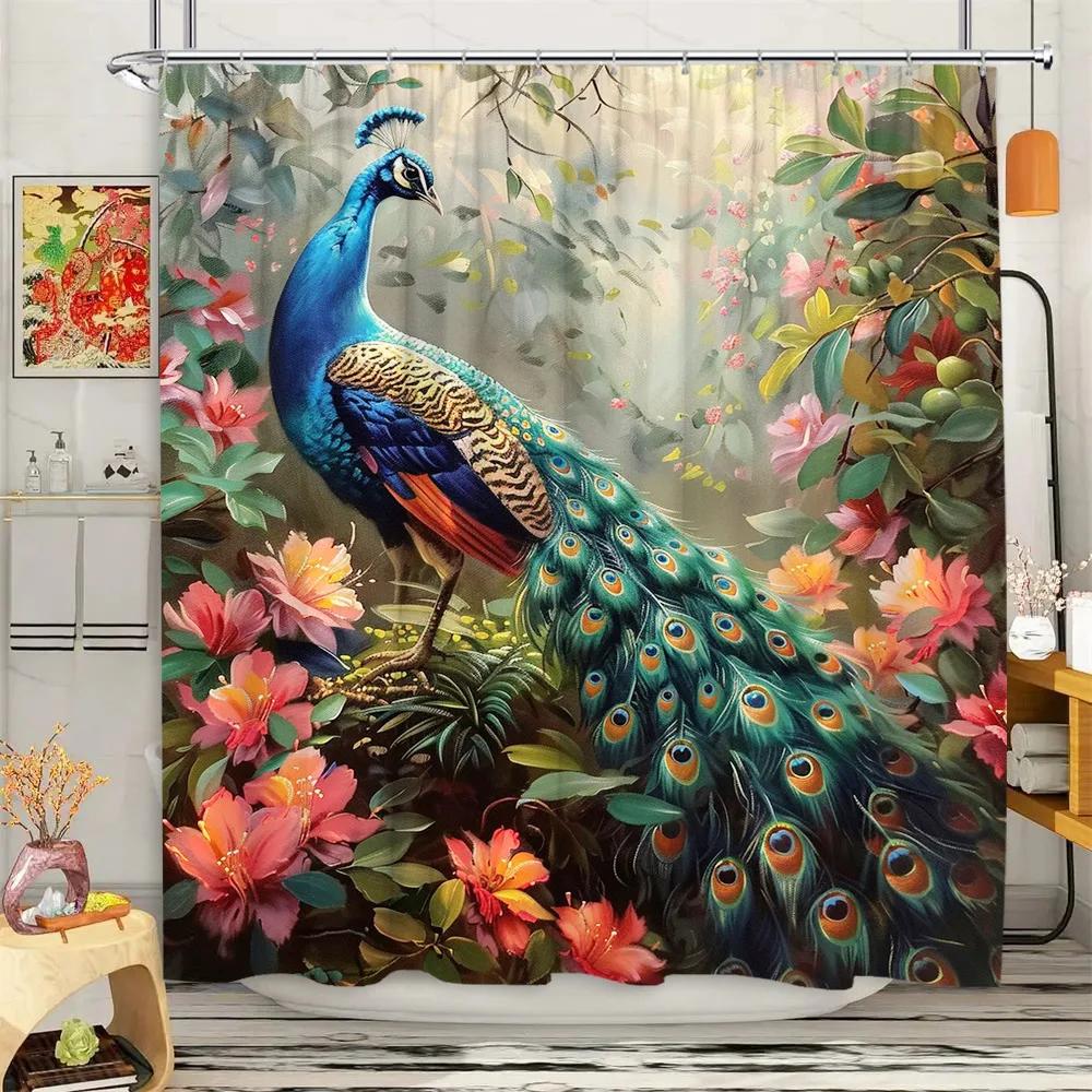 Peacock Shower Curtain Tropical Plant Flower Leaf Landscape Vintage Oil Painting Elegant Polyester Fabric Bathroom Decor Curta
