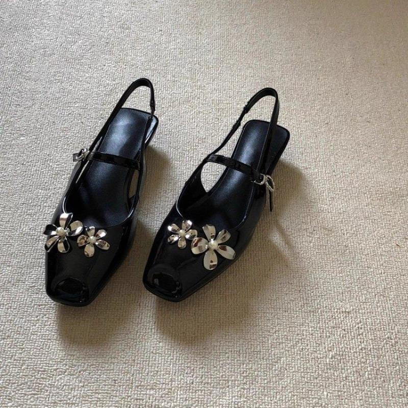 Fashion Baotou Sandals Women's Summer New Square Toe Shallow Mouth One Strap Flower Non-slip Block Heel Shoes