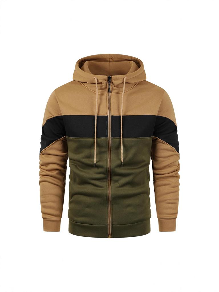 Men's Plus Size Color Block Hooded Zip-Up Cardigan Jacket - European & American Spring/Autumn Casual Wear