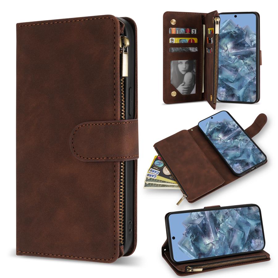 

Кошелек Мультикарт Застежка-молния Подставка Фоторамка Магнитная откидная кожаный чехол для Google Pixel 8a 8 Pro 7a 7 6a 6 Защитная крышка Google Pixel 6a&Case & Strap кофейный