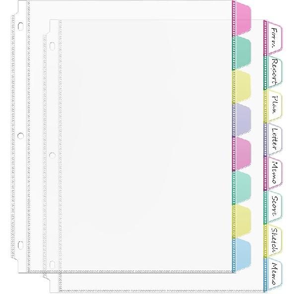 HABGP16PCS/2 Set 3 Ring Clear Binder Dividers with Tabs, 8.5 x 11 8 Tabs Binder Dividers with Pockets, Clear Page Protectors Index Dividers for 3