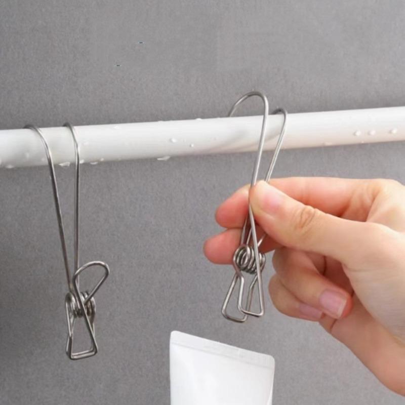 Kitchen Stainless Steel Clips with Hooks for Hanging, Bathroom Fixed Clips, Windproof Clothes Drying Racks, Clothes Clips, Long-tail Hooks