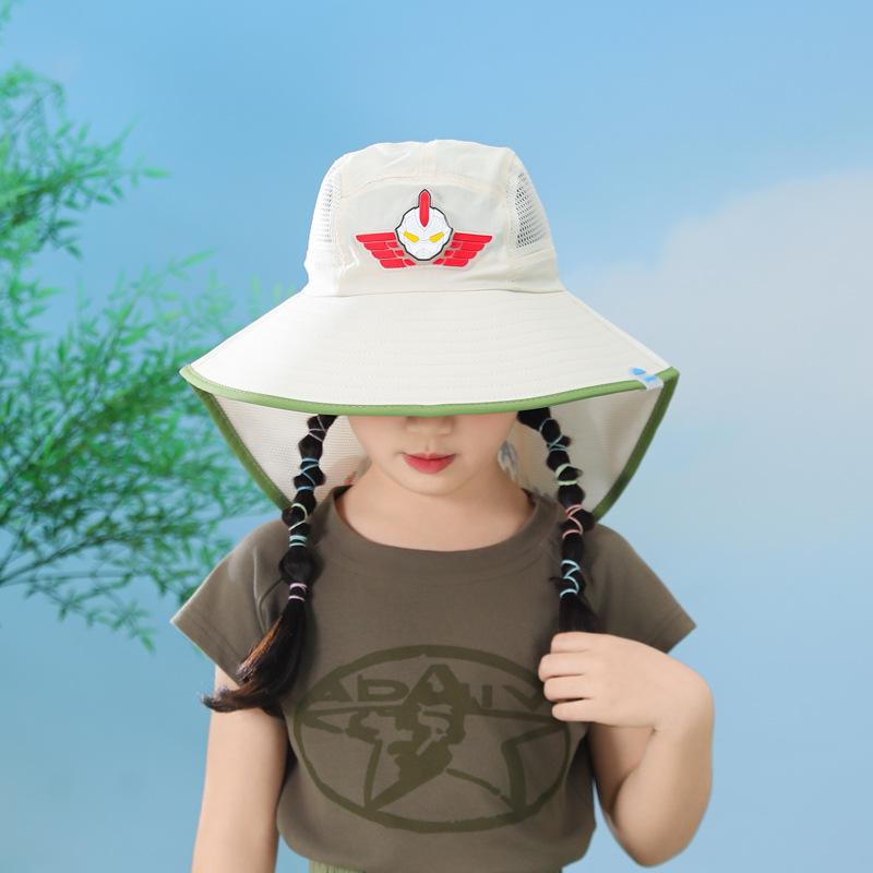 Children'S Sun Protection Hat Summer Big Brim Sun Hat Ultraman Cartoon Neck Protection Breathable Bucket Hat Outdoor Protection For Boys And Girls