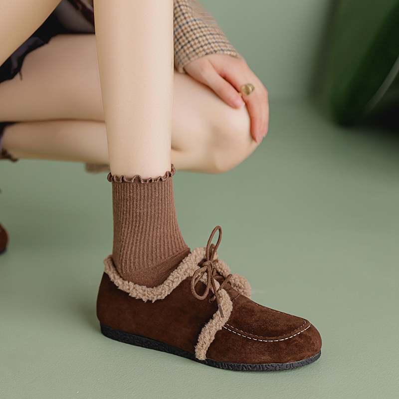 Krazing Pot Suede Fur Spring Autumn Winter Flats Lace Up Women Keep Warm Casual Shoes