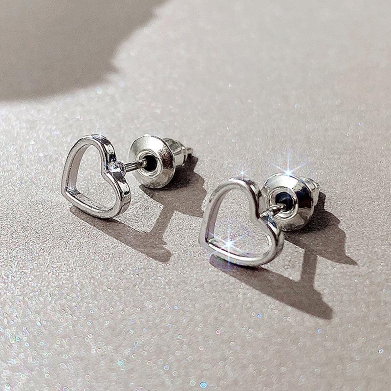 Silver Plated Open Heart Stud Earrings, Minimalist Hollow Love Shape Studs for Women