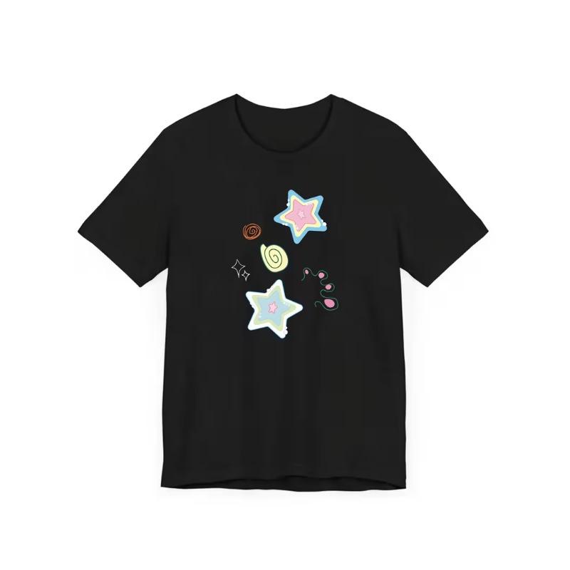 Pastel Kawaii Star Graphic T-Shirt Cute Colorful Doodle Swirl Print Soft Casual Short Sleeve Y2K Daily Comfort Women Basic Top