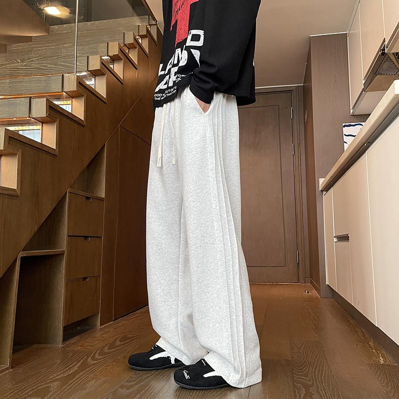 Pure Cotton Knitted Straight Line Pleated Men's Spring and Autumn American High Street Loose Wide-leg Floor Casual Trousers