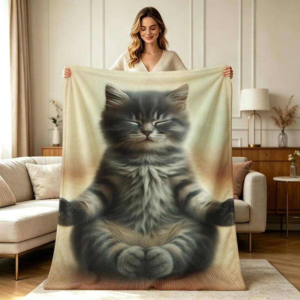 Soft Warm Flannel Blanket with Cute Meditating Cat Print All Season Cozy Throw Blanket for Sofa Couch Bedroom Living Room Home Decor