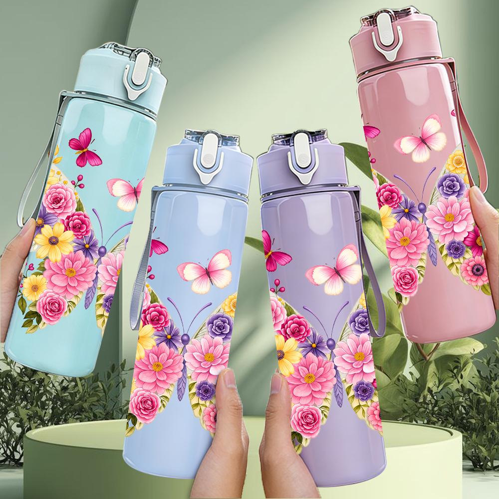 1PC Multi Pink Butterfly Bouquet 750ml Color Plastic Sports Water Bottle Leakproof Flip Straw Lid Suitable for Sports Office Home Use