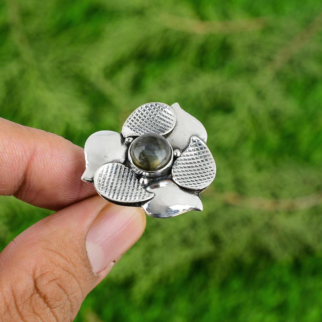 Gift For Her Natural Labradorite Promise Flower Adjustable Ring 925 Silver