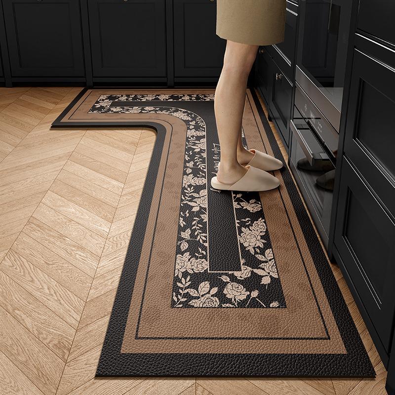 Kitchen Floor Mat PVC Waterproof Non-slip Carpet L Shape Brown Leather Foot Mat Floral Rug Texture Home Decorative Carpets