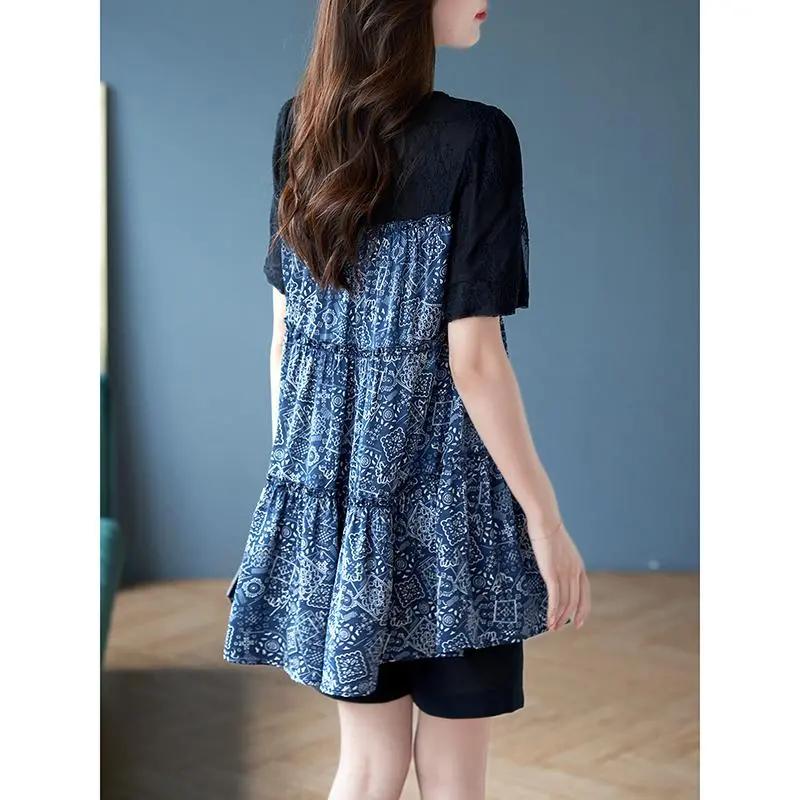 Women's Summer Design Loose Short Sleeve Chiffon Shirt Lace Splicing Slim Top