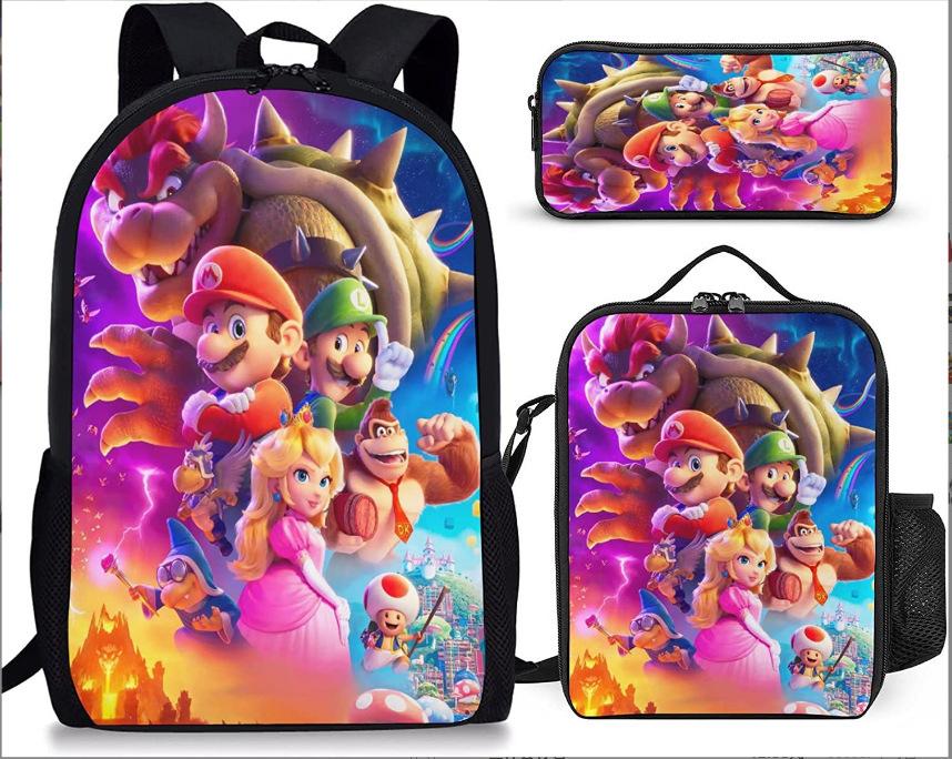 New Super Mario Trend Backpack Retro Mario Schoolbag 3-Piece Set with Pencil Case