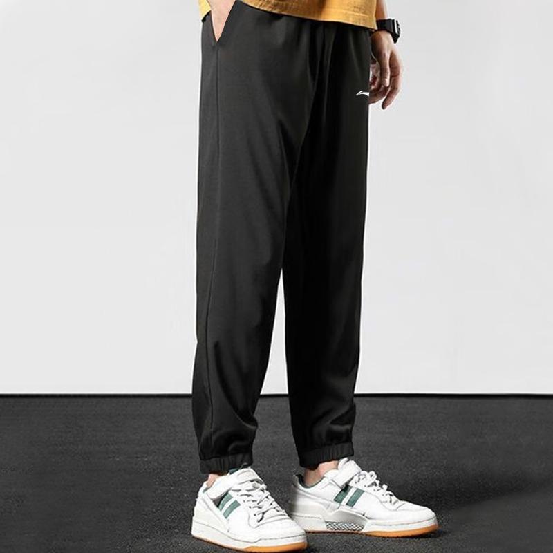Li Ning Plain Logo Elastic Quick-Dry Mid-Waist Straight-Leg Breathable Lightweight Cuffed Sports Pants Men pants Black AYKT551-1