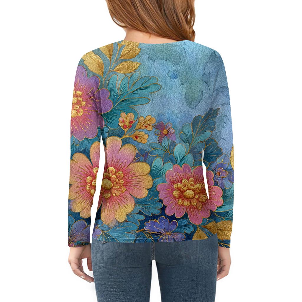 Dívčí trička s dlouhým rukávem Dětské podzimní topy Kulatý výstřih Potištěná základní trička