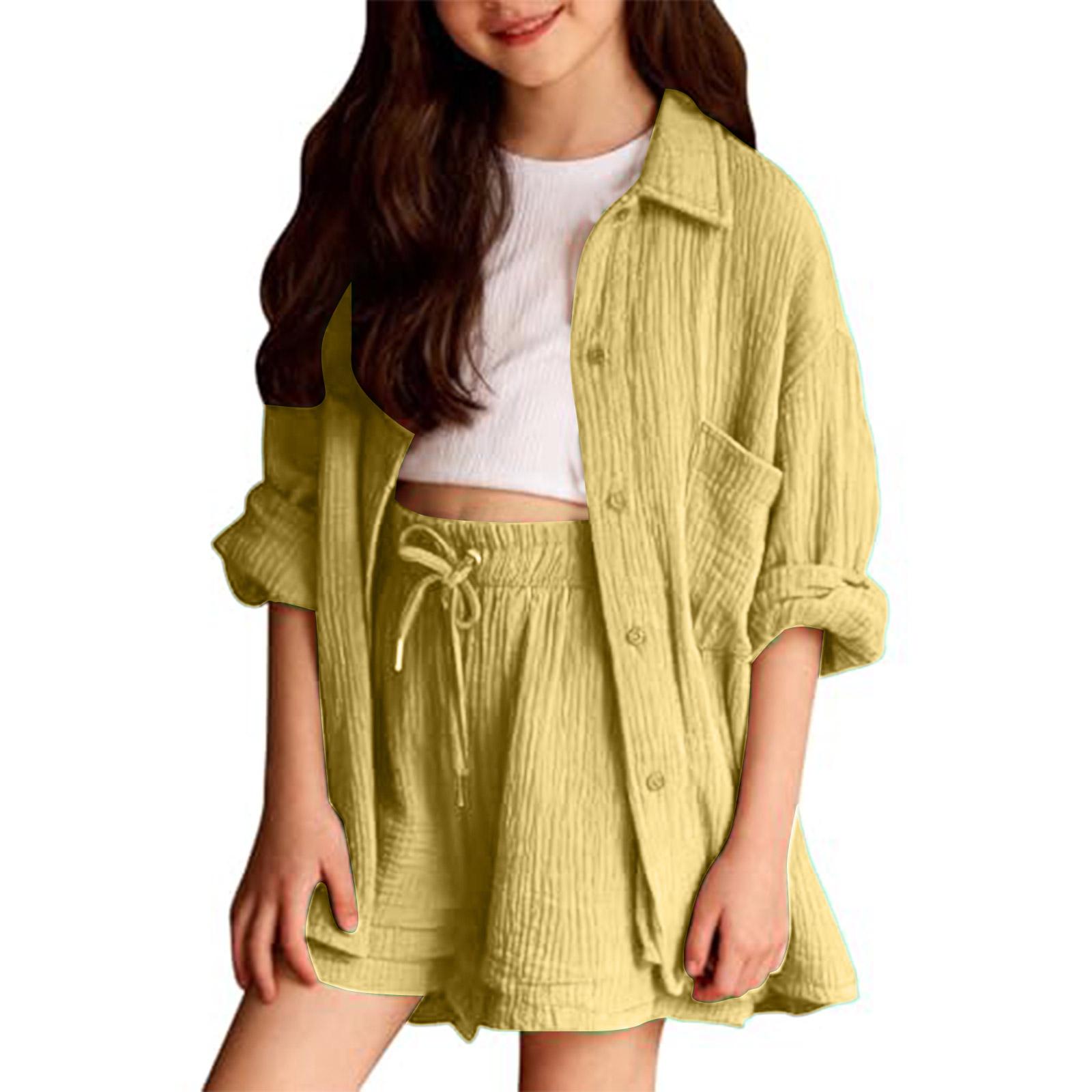 

Girls Linen Set - Long Sleeve Blouse & Wide Leg Shorts Wrinkled 2 Piece Outfits 170 жовтий