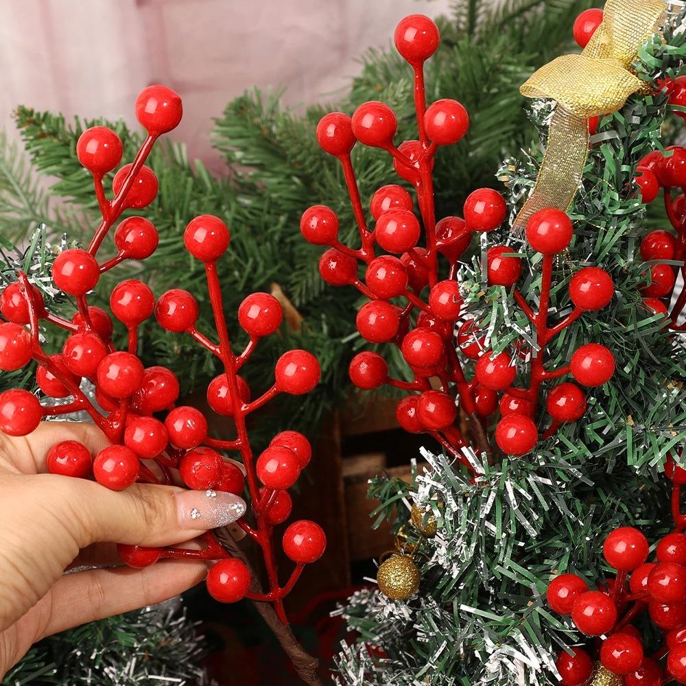 Artificial Red Berries Stems Fake Flower Simulation Christmas Red Holly Berry Branch DIY Wreath Xmas Party Home Table Decoration