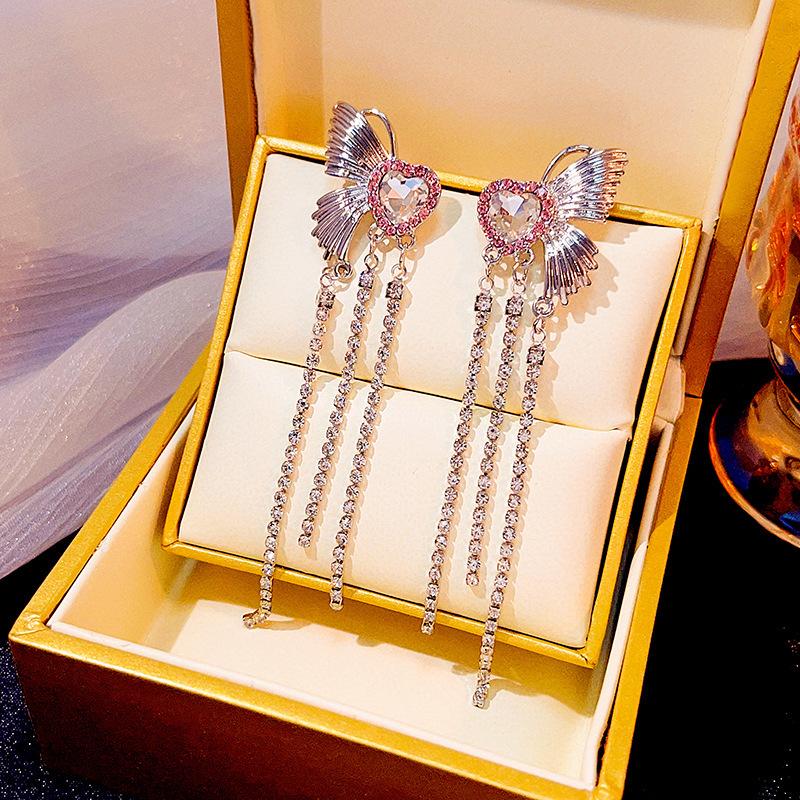 Fairy Butterfly Fringed Earrings Collection, Metal Wind Diamond Chain Earrings Exaggerated And Thin Stud Earrings