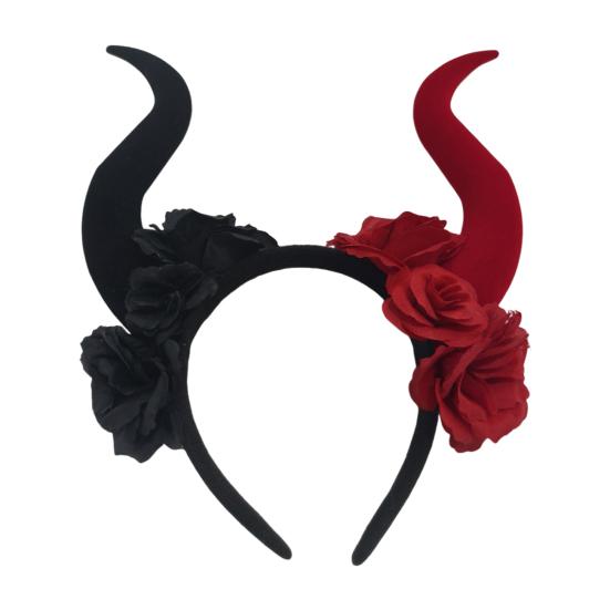 Gothic Red Black Flower Rose Headband Horn Hair Hoop Women Halloween Headband Party Costume Dress Up Carnival Hair Accessories