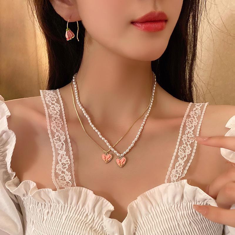 S925 Silver Needle Cute Pink Tulip Earrings & Fresh Versatile Pearl Necklace