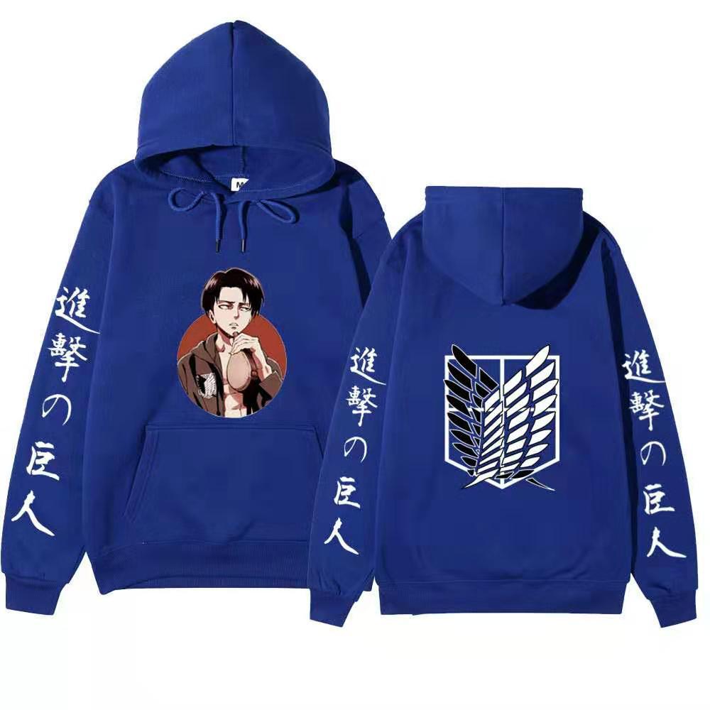 Attack On Titan Levi Ackerman Hoodie Unisex Fleece Sweatshirt, Front Character Print, Back Wings Logo, Japanese Sleeve Text, Autumn Winter Pullover