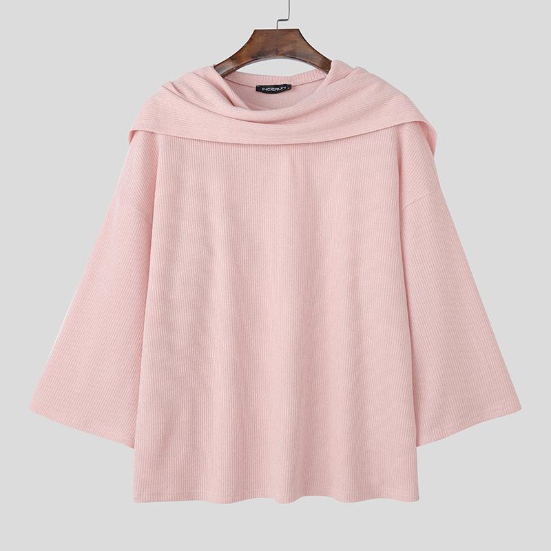 

INCERUN Men Swing Collar Long Sleeve Texture Casual Loose Pullover Tops 4XL рожевий