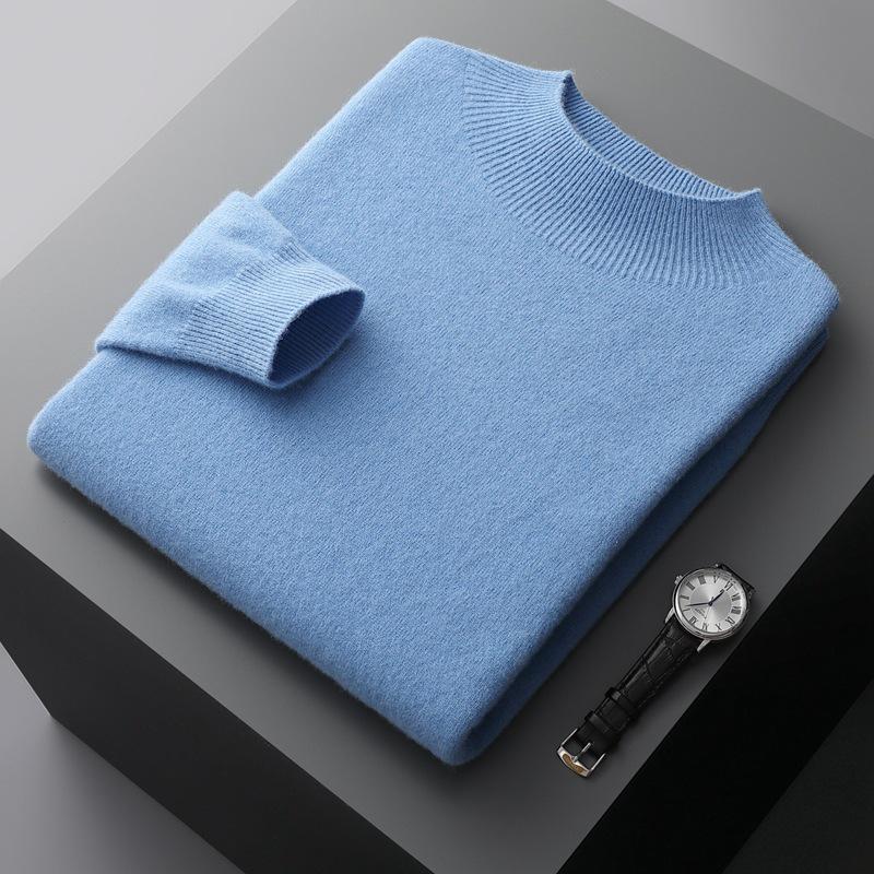 Men's Pure Wool Half-High Collar Solid Color Pullover Sweater - Loose, Plus Size, Warm Knitwear