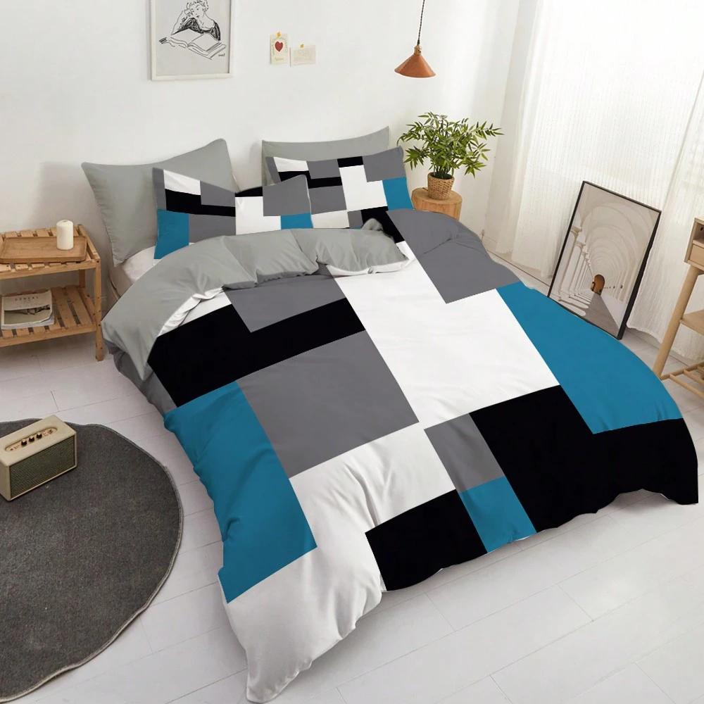 3pcs Blue Black And Gray Plaid Pattern Duvet Cover Set Simple Style Fashionable Pattern Room Decor Single Twin Queen King Size
