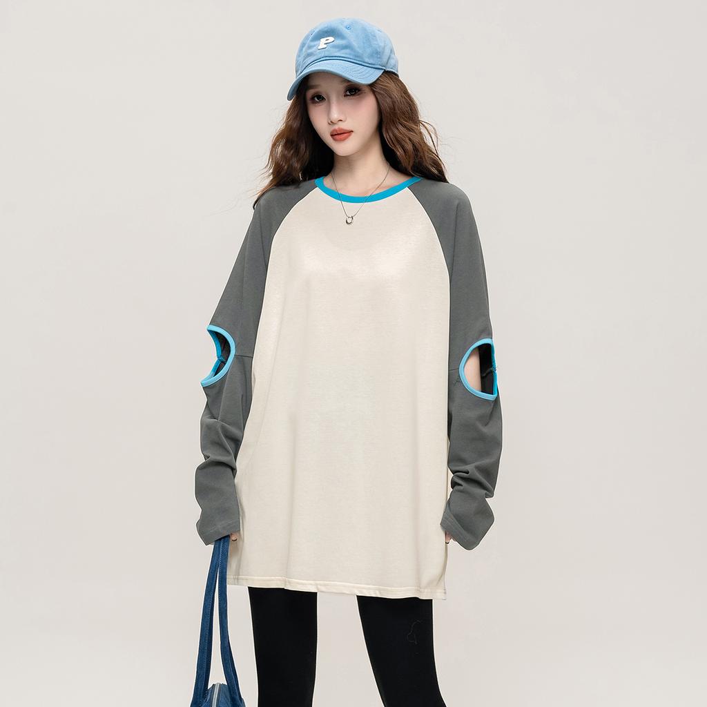 Hollow out design: Spring and Autumn fashion raglan sleeves contrasting color round neck T-shirt cool and cool casual loose top