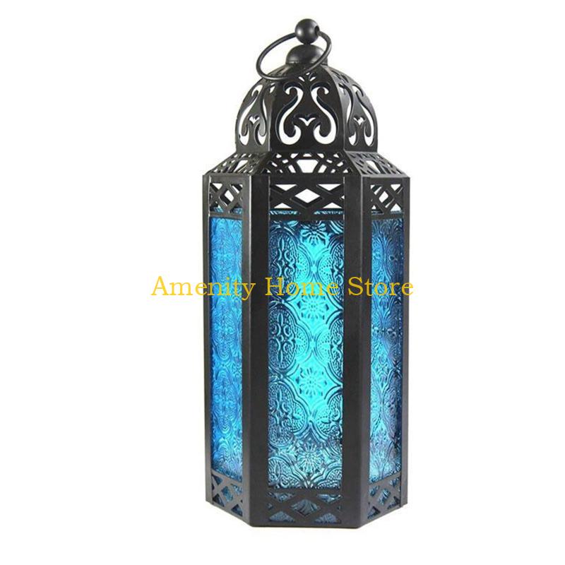 

F26C Village Style Wrought Iron Candle Holder Glass Wind Lantern Hanging Lanterns синий