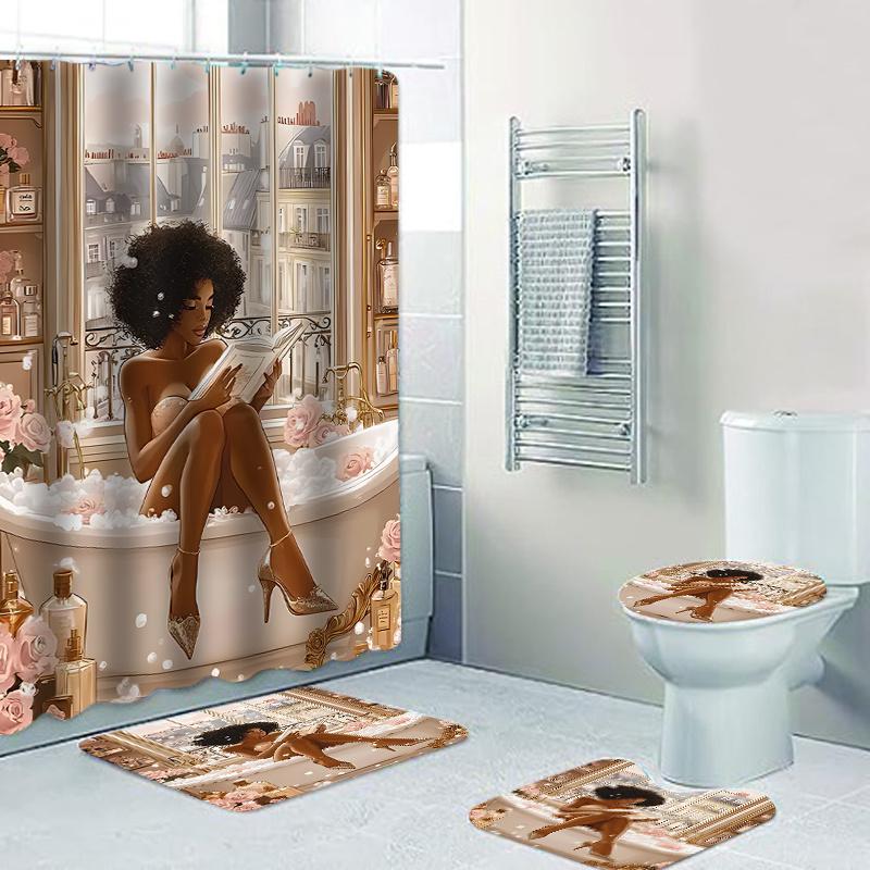Elegant Parisian Bath Time Bathroom Set - Waterproof Shower Curtain, Toilet Lid Cover, Bath Mat, And Contour Mat