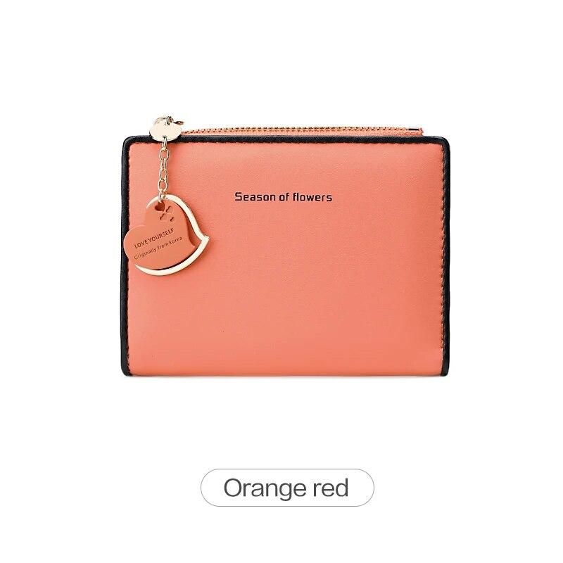 Women'S Small Wallet Double Fold Ultra Thin Zero Wallet Zipper ID Bag, Contrast Color Love Pendant Short Card Bag